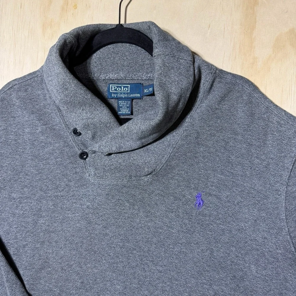 Polo Ralph‎ Lauren Shawl Collar Sweatshirt Gray Pullover Logo XL Men